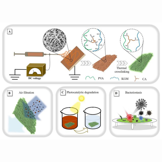 Ecofriendly Electrospun Membranes Loaded with Visible-Light Responding Nanoparticles for Multifunctional Usages: Highly Efficient Air Filtration, Dye Scavenging, and Bactericidal Activity